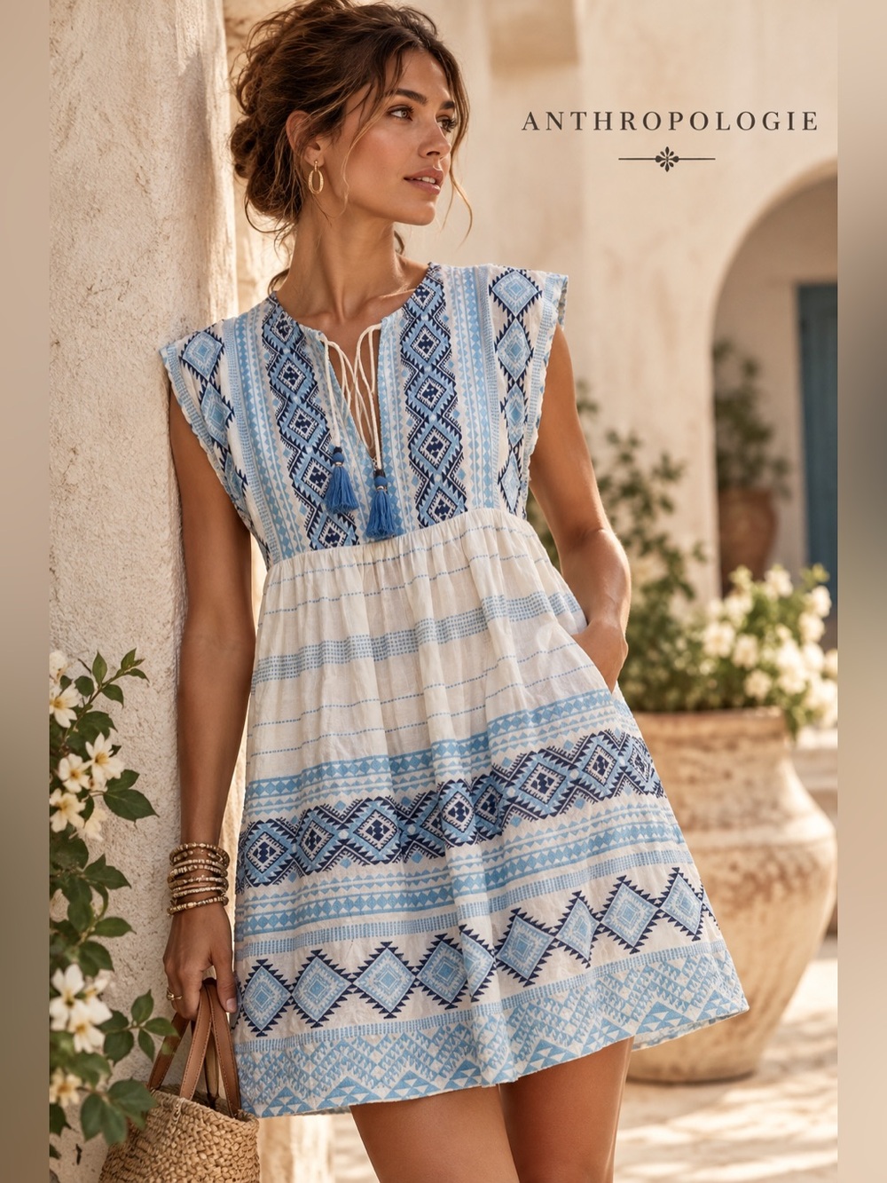 Anthropologie Blue White Geometric Boho Mini Dress Cotton Tassel Tie S